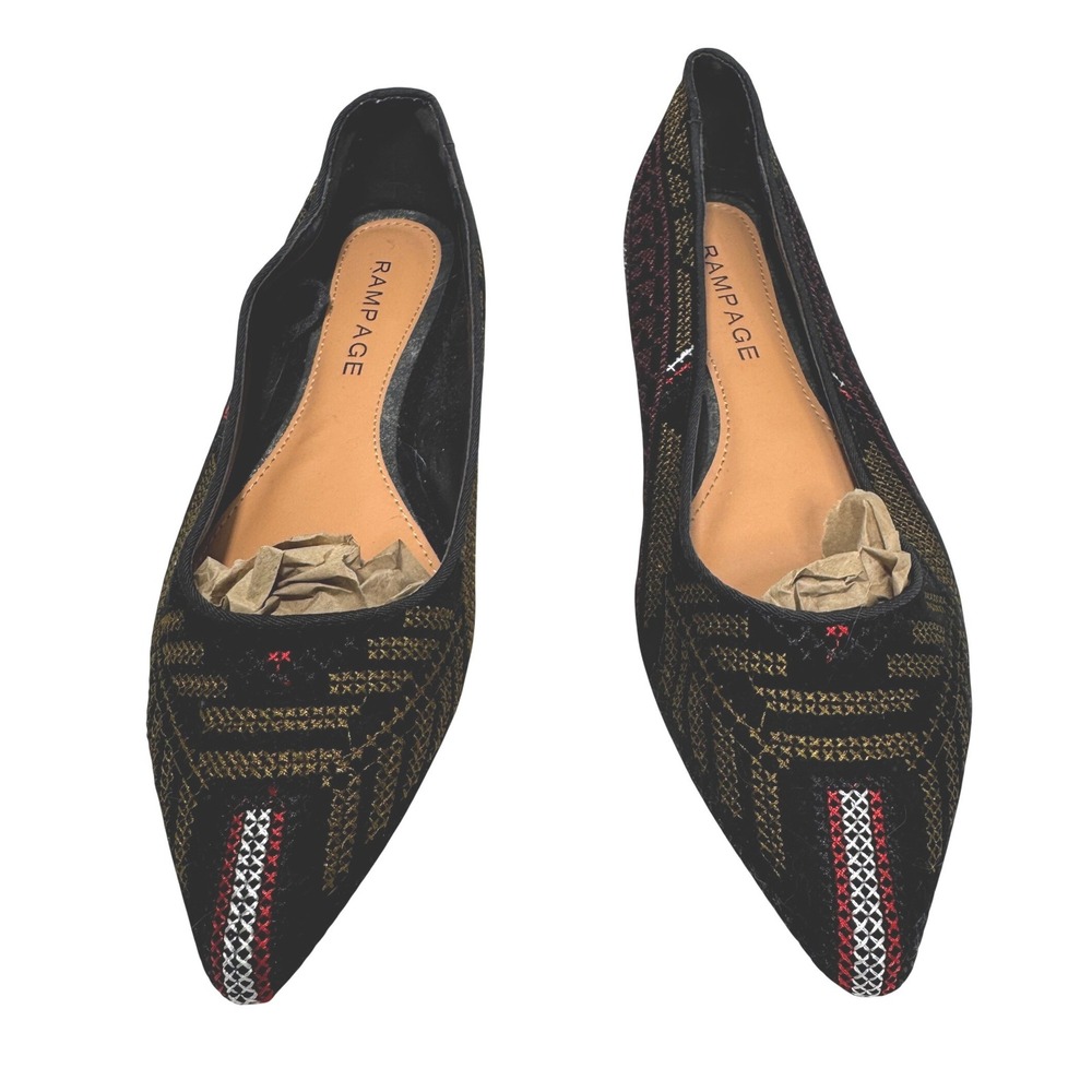 Rampage Womens Pointed Toe Flats Woven Geometric Tapestry Black Gold Red Multi